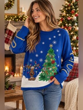 Holiday Time Womens L 12/14 Let It Glow Light Up Christmas Sweater Reindeer Tree